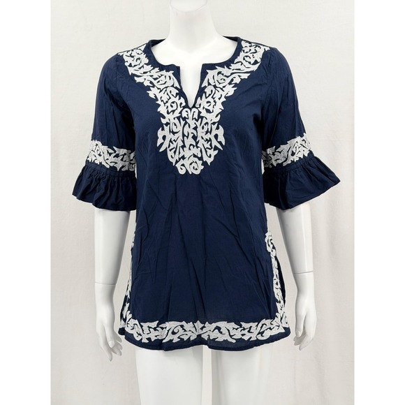 Gretchen Scott Designs Tops - Gretchen Scott Top Women Small Navy White Tunic Sheer 100% Cotton Nautical Beach